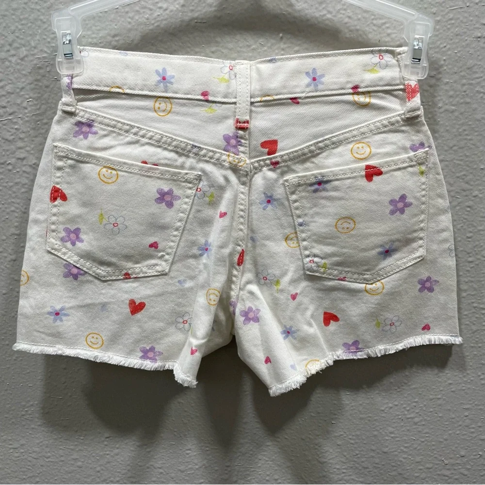 Old Navy White Shorts Flower-Smile Face Print High Rise Adjustable Waist Size 12 - Picture 2 of 16